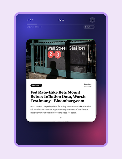 Pulse app screenshot showing a swipeable daily news briefing card